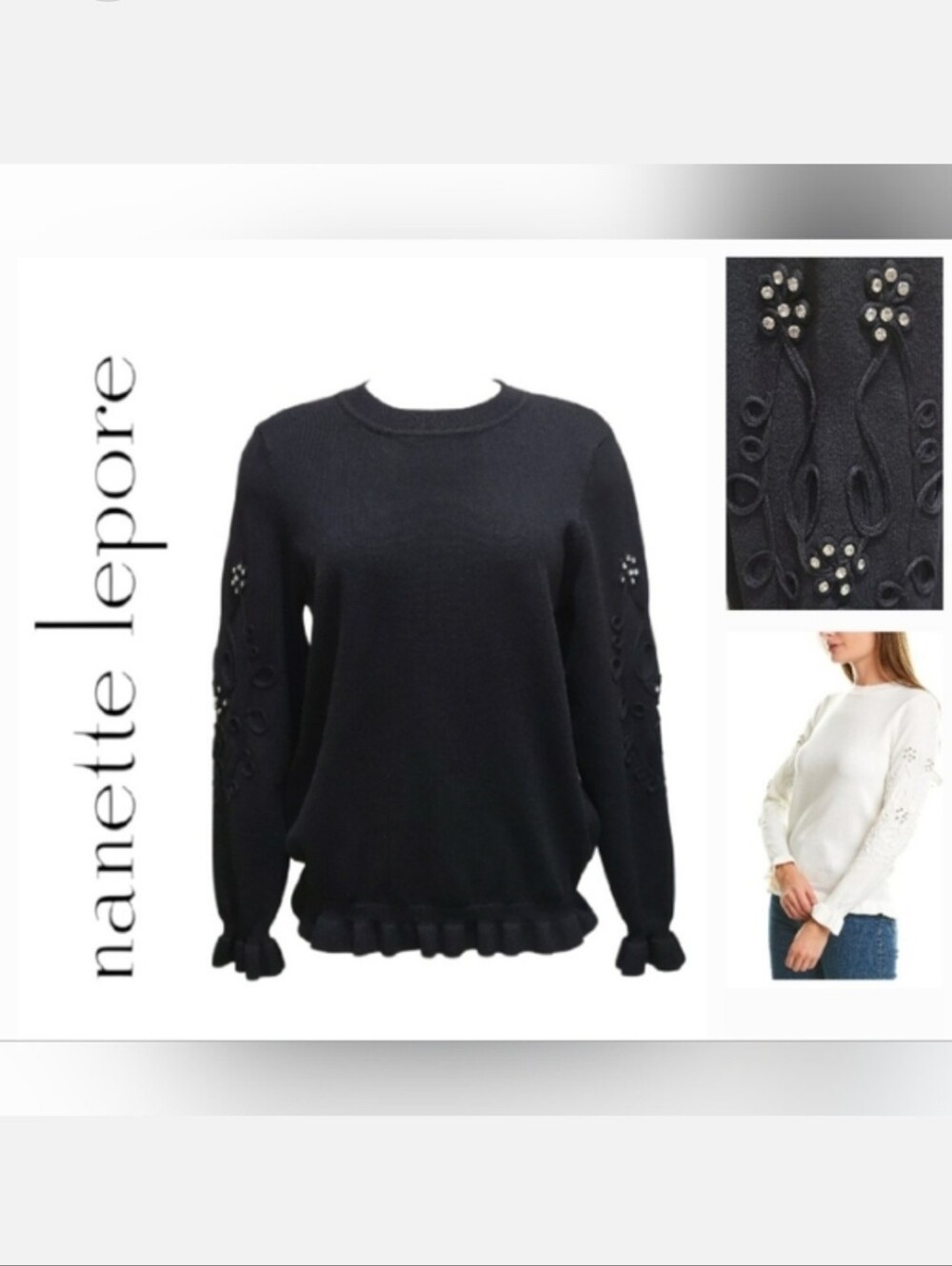 Nanette Lepore Ruffle Trim Sweater Rhinestone Sleeve Detailing Black Sz L
